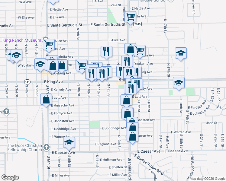 map of restaurants, bars, coffee shops, grocery stores, and more near 809 East Kenedy Avenue in Kingsville