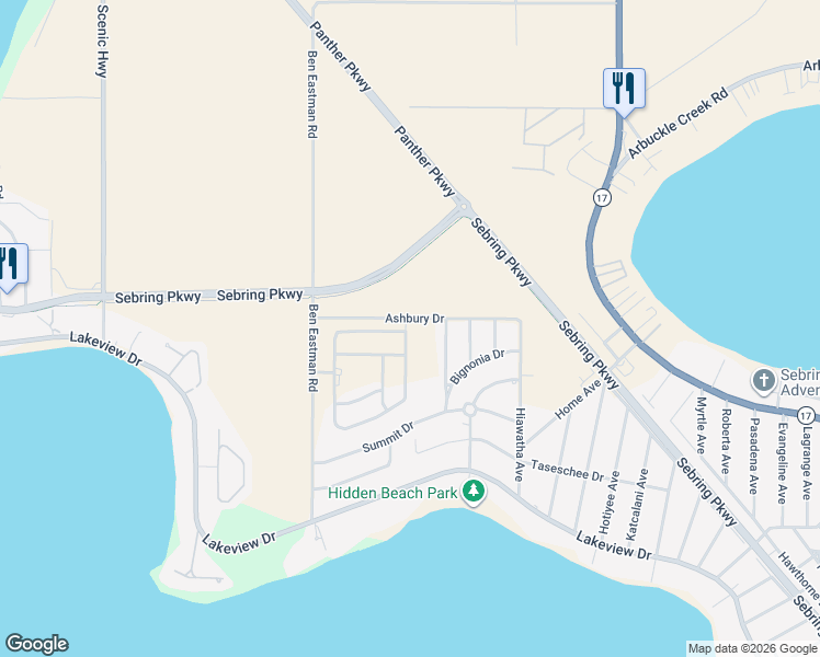 map of restaurants, bars, coffee shops, grocery stores, and more near 1313 Stone Ridge Circle in Sebring