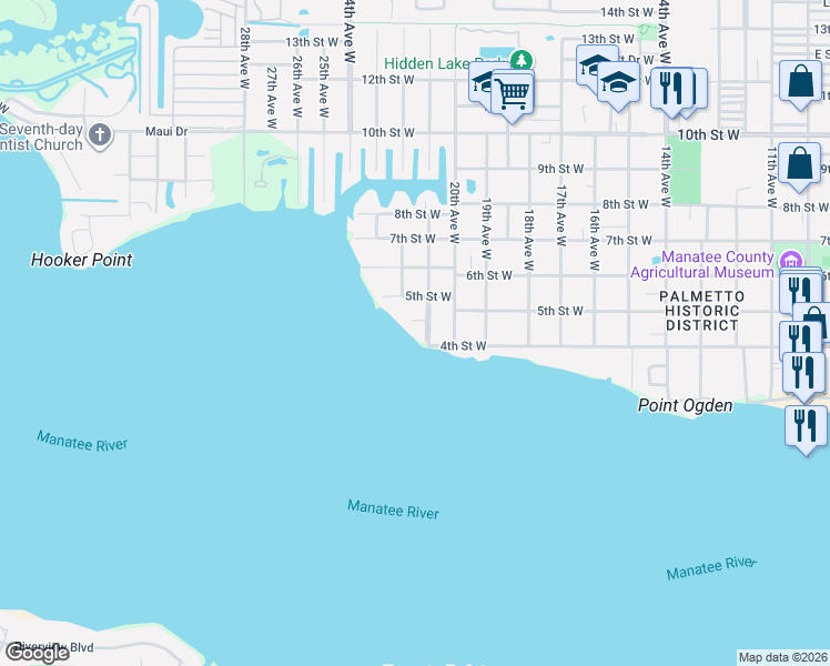 map of restaurants, bars, coffee shops, grocery stores, and more near 2110 4th Street Court West in Palmetto