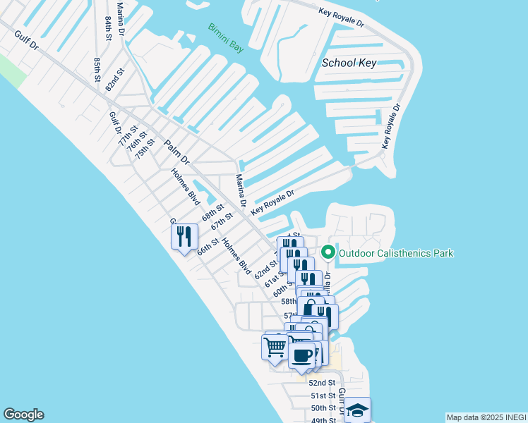 map of restaurants, bars, coffee shops, grocery stores, and more near 507 Key Royale Drive in Holmes Beach