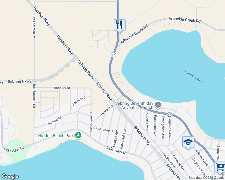 map of restaurants, bars, coffee shops, grocery stores, and more near 2304 Sage Crest Drive in Sebring