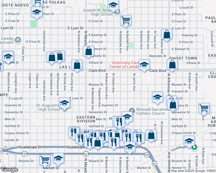 map of restaurants, bars, coffee shops, grocery stores, and more near 1901 Musser Street in Laredo