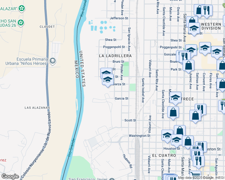 map of restaurants, bars, coffee shops, grocery stores, and more near 2504 Callaghan Street in Laredo