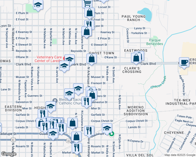 map of restaurants, bars, coffee shops, grocery stores, and more near 2911 Musser Street in Laredo