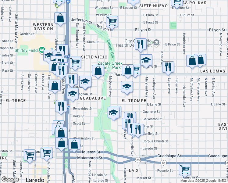 map of restaurants, bars, coffee shops, grocery stores, and more near 105 West Musser Street in Laredo