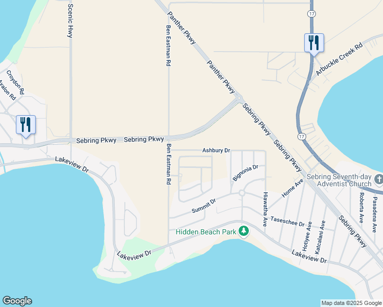 map of restaurants, bars, coffee shops, grocery stores, and more near 1269 Stone Ridge Circle in Sebring