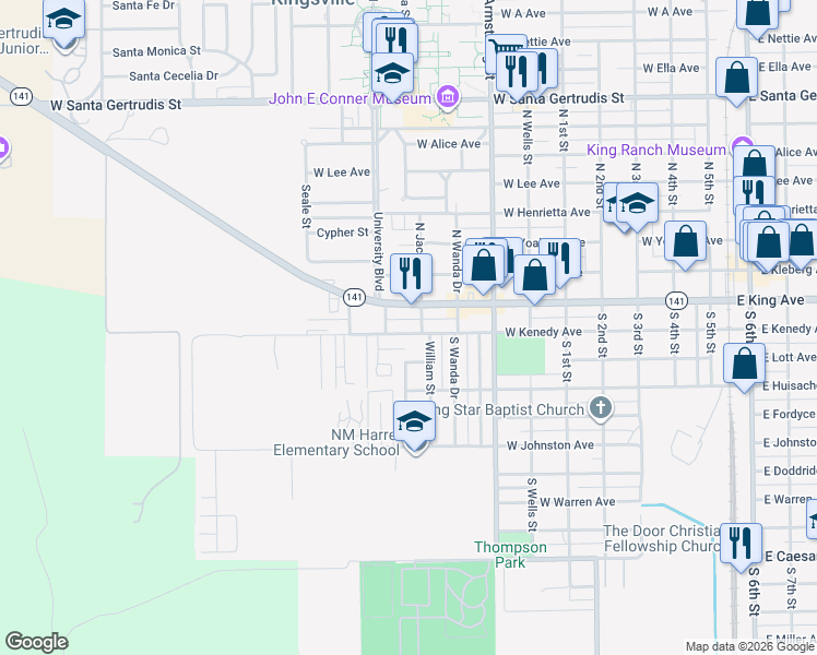 map of restaurants, bars, coffee shops, grocery stores, and more near 1012 West Kenedy Avenue in Kingsville
