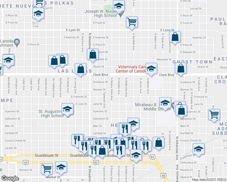 map of restaurants, bars, coffee shops, grocery stores, and more near 1901 Musser Street in Laredo