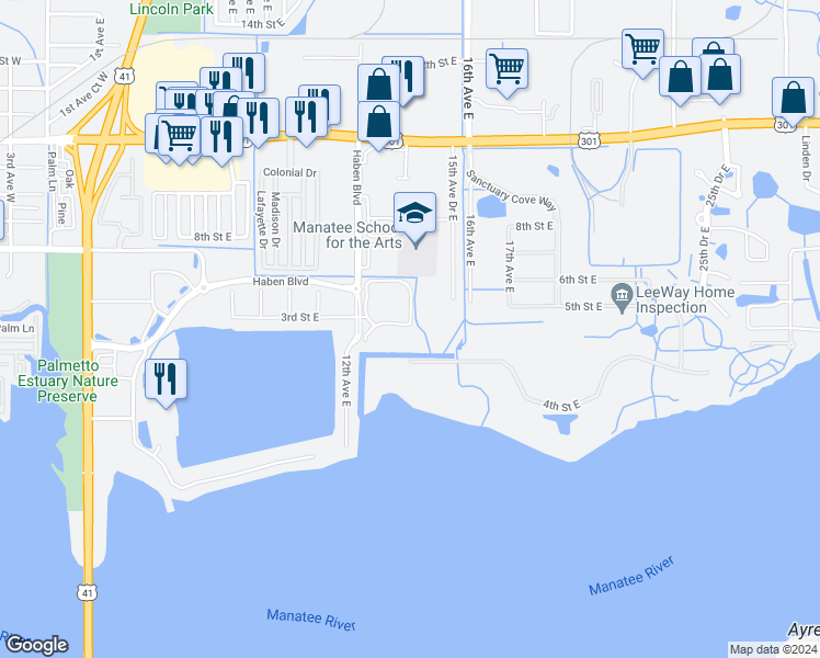 map of restaurants, bars, coffee shops, grocery stores, and more near 1315 3rd Street Circle East in Palmetto