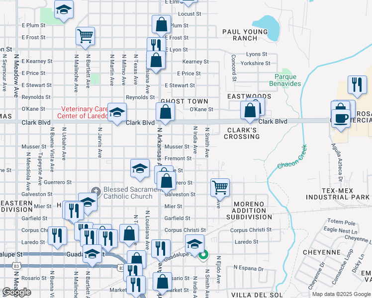 map of restaurants, bars, coffee shops, grocery stores, and more near 2015 North India Avenue in Laredo
