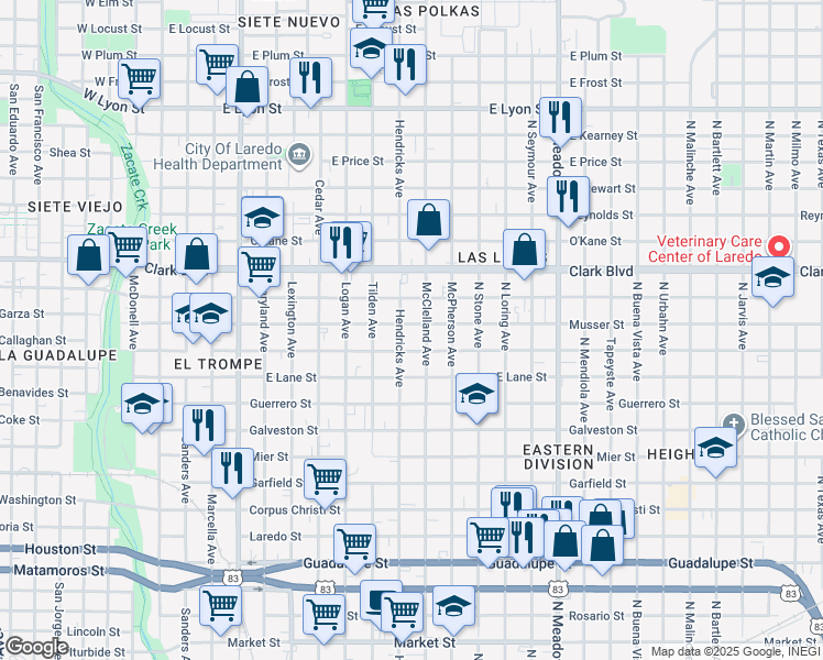 map of restaurants, bars, coffee shops, grocery stores, and more near 1015 Musser Street in Laredo