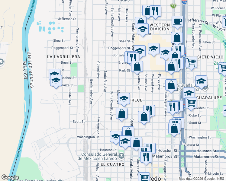 map of restaurants, bars, coffee shops, grocery stores, and more near 1720 Callaghan Street in Laredo