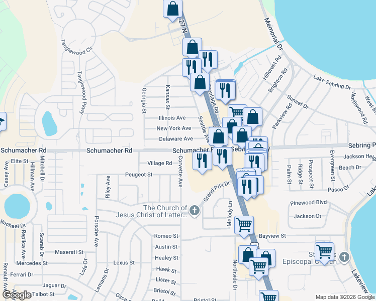 map of restaurants, bars, coffee shops, grocery stores, and more near Schumacher Road in Sebring