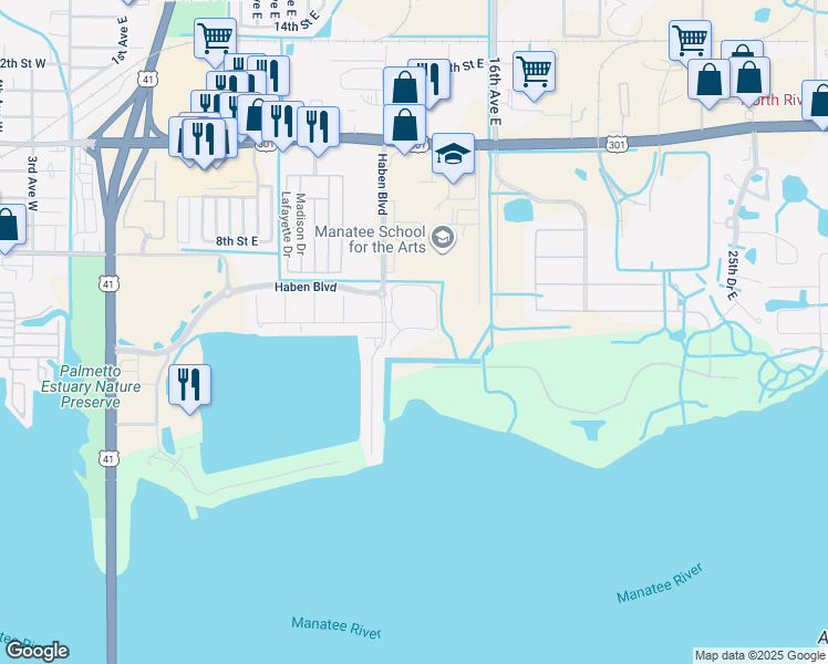 map of restaurants, bars, coffee shops, grocery stores, and more near 1231 3rd Street Circle East in Palmetto