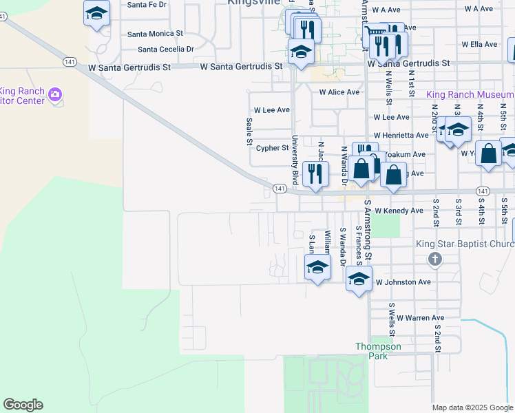 map of restaurants, bars, coffee shops, grocery stores, and more near 1227 West Kenedy Avenue in Kingsville