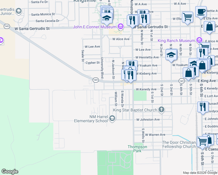 map of restaurants, bars, coffee shops, grocery stores, and more near 1012 West Kenedy Avenue in Kingsville