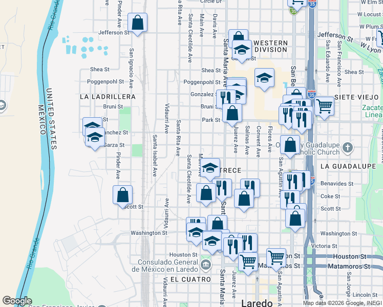 map of restaurants, bars, coffee shops, grocery stores, and more near 1720 Callaghan St in Laredo