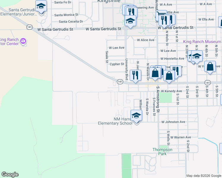 map of restaurants, bars, coffee shops, grocery stores, and more near 1220 West Kenedy Avenue in Kingsville