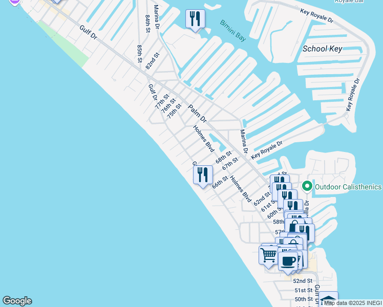 map of restaurants, bars, coffee shops, grocery stores, and more near 202 70th Street in Holmes Beach