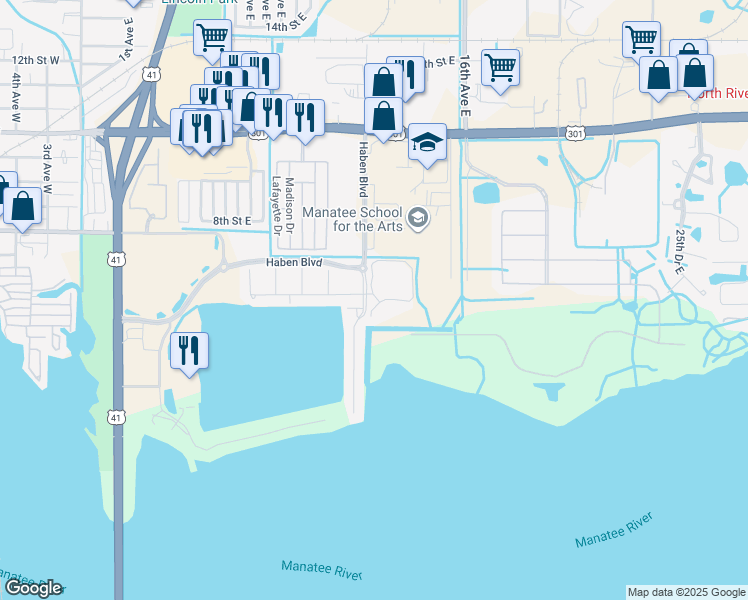 map of restaurants, bars, coffee shops, grocery stores, and more near 1203 3rd Street Circle East in Palmetto