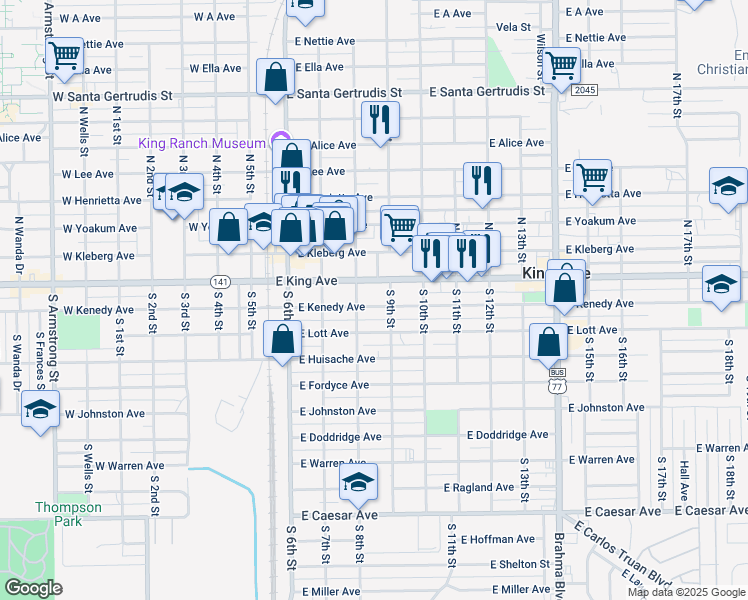 map of restaurants, bars, coffee shops, grocery stores, and more near 414 East Kenedy Avenue in Kingsville