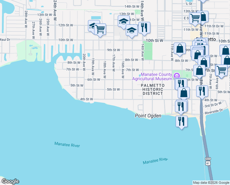 map of restaurants, bars, coffee shops, grocery stores, and more near 409 17th Avenue West in Palmetto