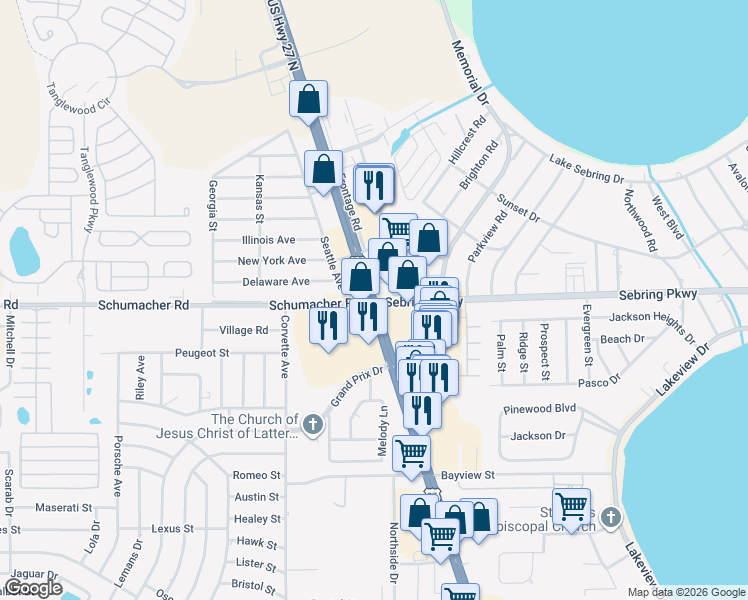 map of restaurants, bars, coffee shops, grocery stores, and more near 3700 US Highway 27 North in Sebring
