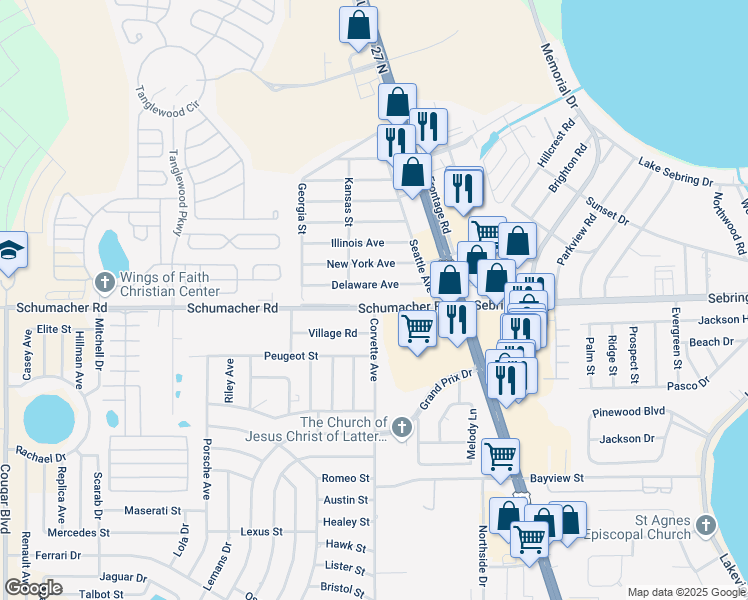map of restaurants, bars, coffee shops, grocery stores, and more near 3422 Fairmount Drive in Sebring