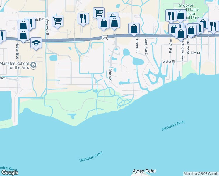 map of restaurants, bars, coffee shops, grocery stores, and more near 2403 5th Street East in Ellenton