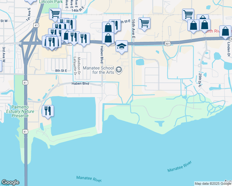 map of restaurants, bars, coffee shops, grocery stores, and more near 1318 3rd Street Circle East in Palmetto