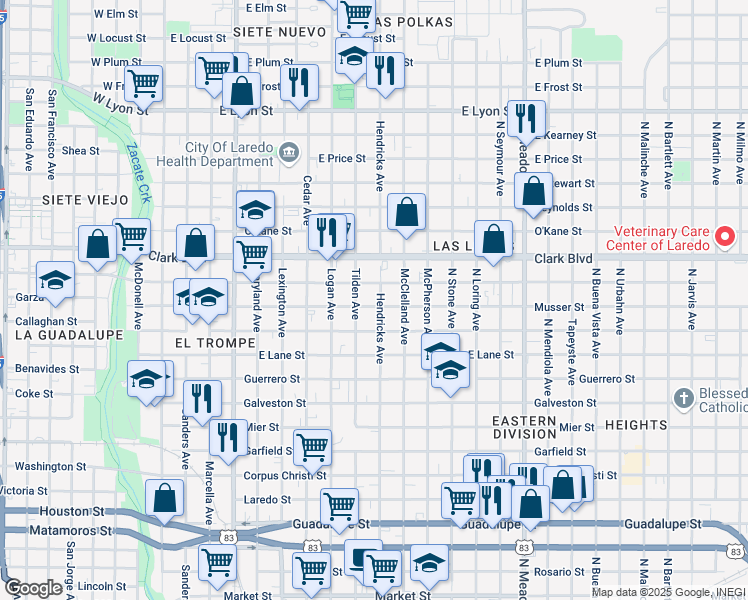 map of restaurants, bars, coffee shops, grocery stores, and more near 2015 Tilden Avenue in Laredo