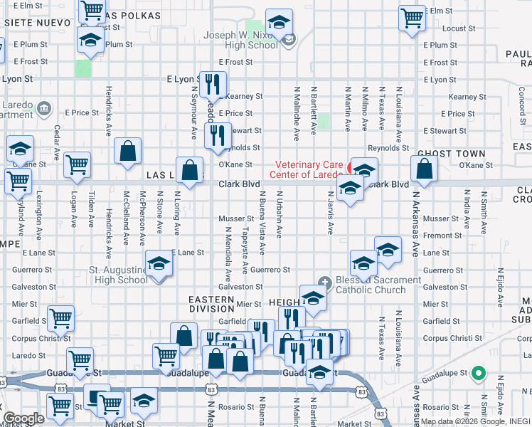map of restaurants, bars, coffee shops, grocery stores, and more near 1901 Musser Street in Laredo