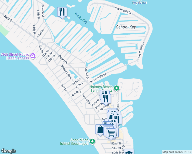 map of restaurants, bars, coffee shops, grocery stores, and more near 507 Key Royale Drive in Holmes Beach