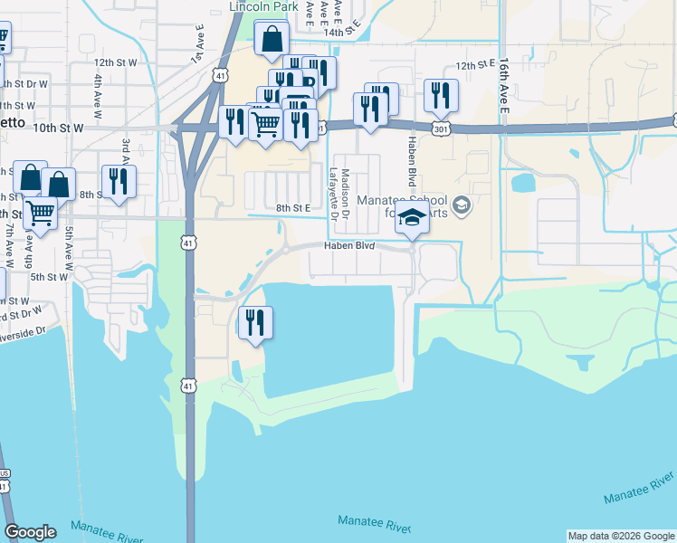map of restaurants, bars, coffee shops, grocery stores, and more near 907 3rd Street East in Palmetto