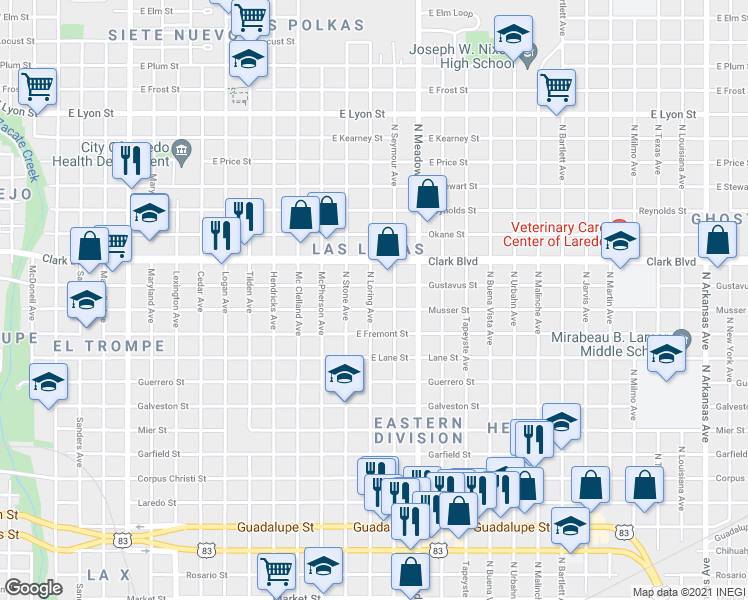 map of restaurants, bars, coffee shops, grocery stores, and more near 1402 Musser Street in Laredo