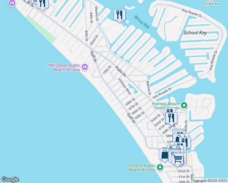 map of restaurants, bars, coffee shops, grocery stores, and more near 202 70th Street in Holmes Beach