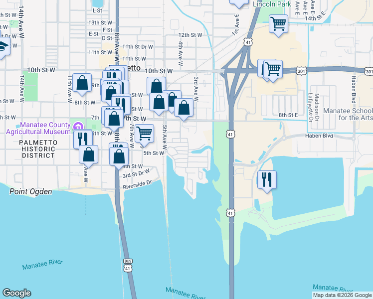 map of restaurants, bars, coffee shops, grocery stores, and more near 137 Pennsylvania Street in Palmetto
