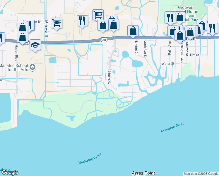 map of restaurants, bars, coffee shops, grocery stores, and more near 2403 5th Street East in Ellenton