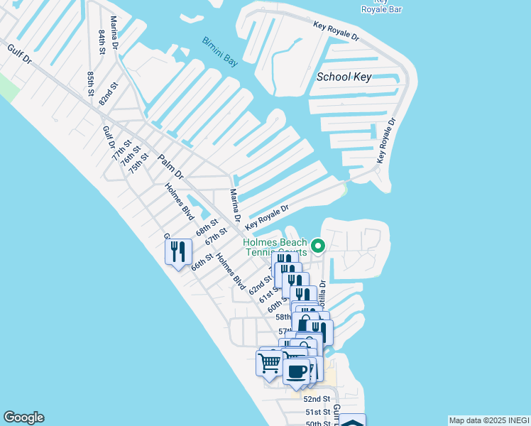 map of restaurants, bars, coffee shops, grocery stores, and more near 507 Key Royale Drive in Holmes Beach