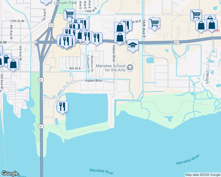map of restaurants, bars, coffee shops, grocery stores, and more near 1602 3rd Street Circle East in Palmetto