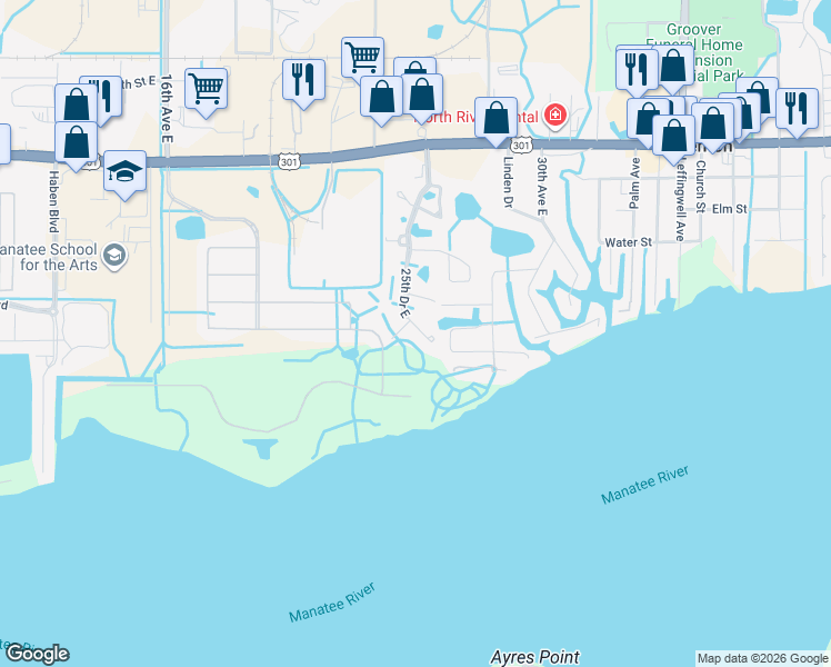 map of restaurants, bars, coffee shops, grocery stores, and more near 419 25th Drive East in Ellenton