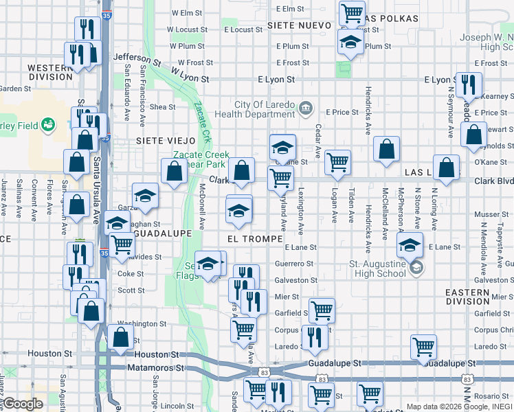 map of restaurants, bars, coffee shops, grocery stores, and more near 301 Clark Boulevard in Laredo