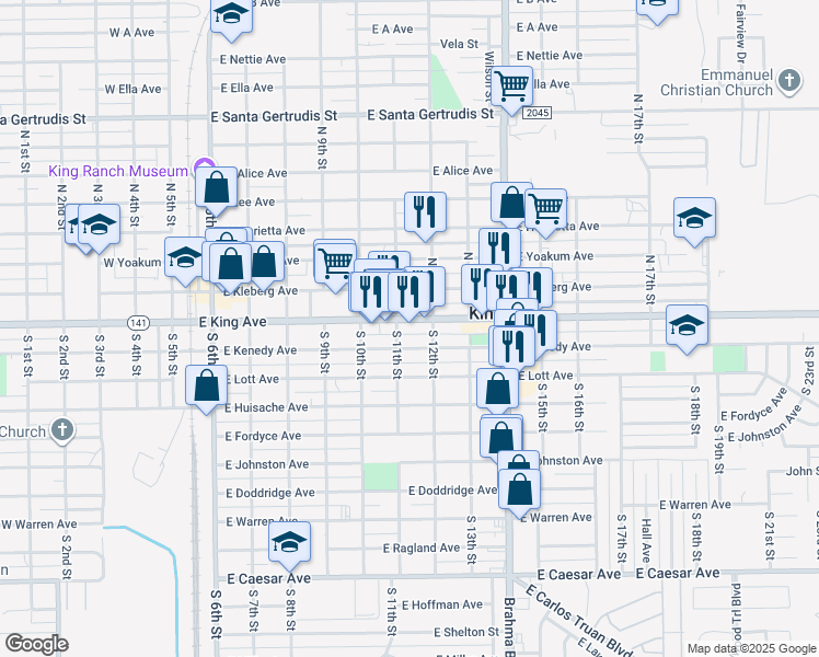 map of restaurants, bars, coffee shops, grocery stores, and more near 700 East King Avenue in Kingsville