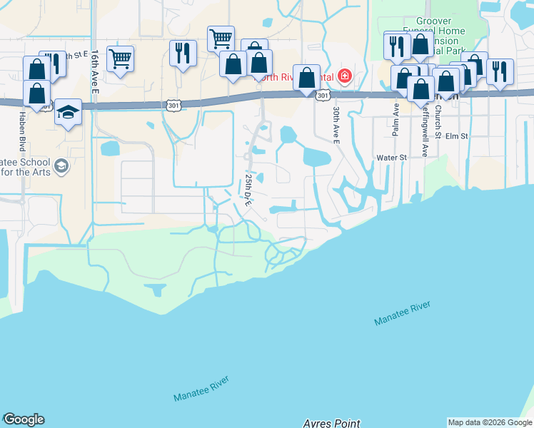 map of restaurants, bars, coffee shops, grocery stores, and more near 356 5th Street Court East in Ellenton