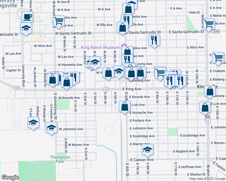 map of restaurants, bars, coffee shops, grocery stores, and more near in Kingsville