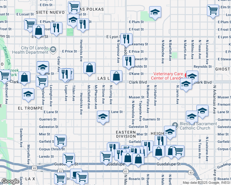 map of restaurants, bars, coffee shops, grocery stores, and more near 1420 East Gustavus Street in Laredo