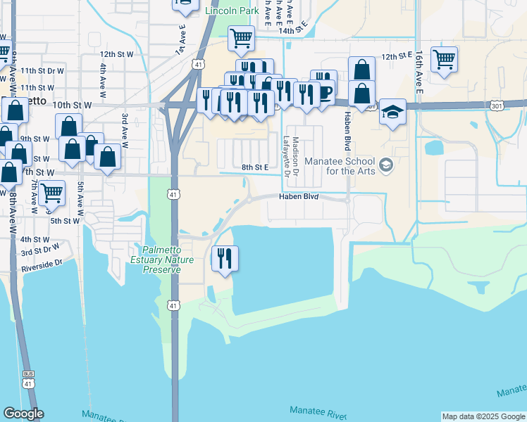map of restaurants, bars, coffee shops, grocery stores, and more near 307 8th Avenue East in Palmetto