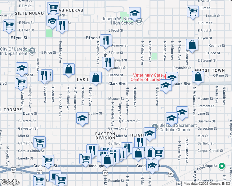 map of restaurants, bars, coffee shops, grocery stores, and more near 1720 Gustavus Street in Laredo