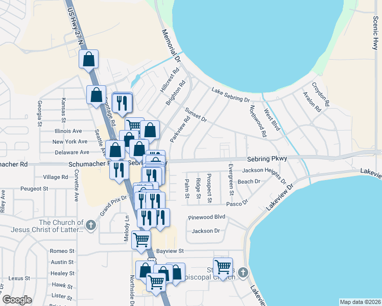 map of restaurants, bars, coffee shops, grocery stores, and more near 109 Longview Rd in Sebring