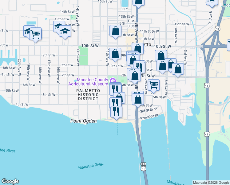map of restaurants, bars, coffee shops, grocery stores, and more near 1037 6th Street West in Palmetto